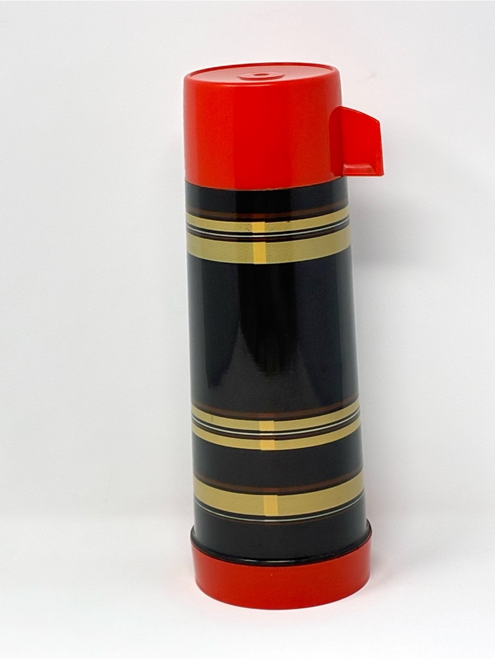 Vintage Aladdin Vanguard Thermos Black Brown Red Striped With Cup And Stopper
